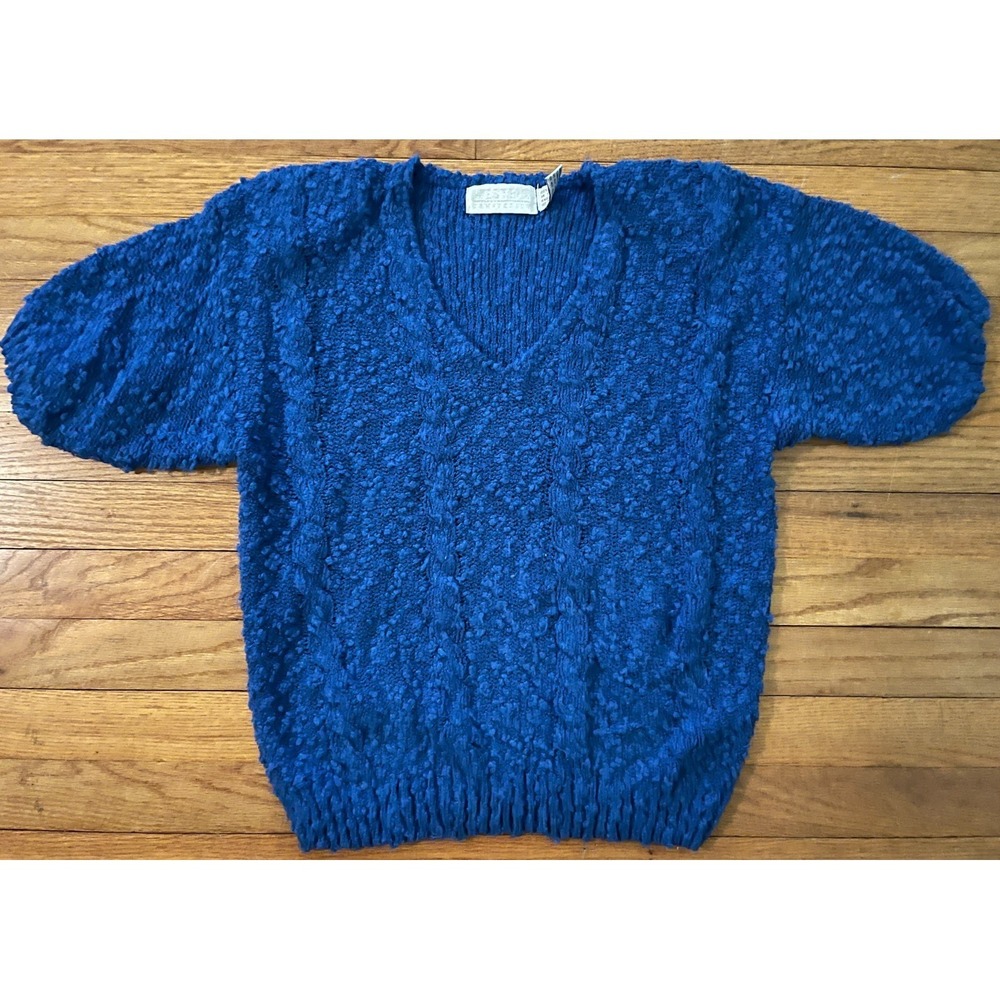 Vintage 80s Western Connection Blue Short Sleeve Chunky Knit Sweater M V-Neck